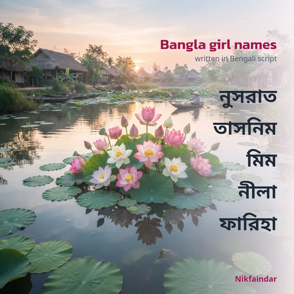 Bangla girl names Nusrat, Tasnim, Mim, Nila and Fariha written in Bengali script